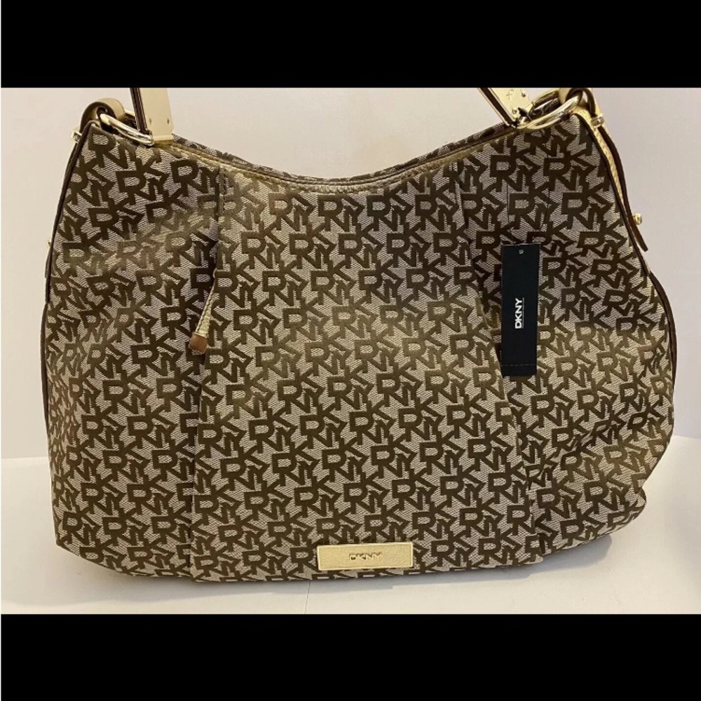 DKNY Crosby T&C Logo CHINO GOLD EGO Leather Purse Tote Satchel Shoulder Bag NWT